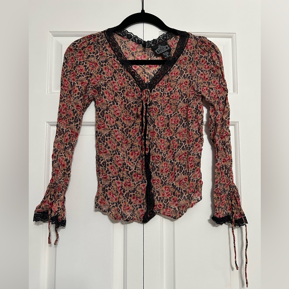 Vintage Y2K Angie Lace Trim Animal & Floral Print Blouse